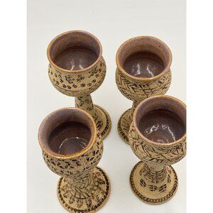 Merrill Etched Pottery Set 4 Estate Stemmed Chalices Goblets Candleholders EUC